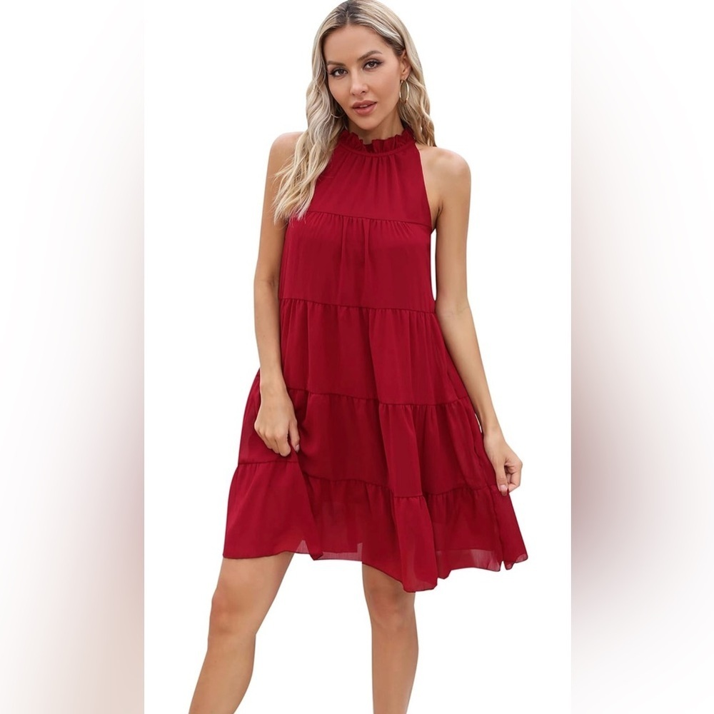 KIRUNDO Halter Sleeveless Flowy Mini Babydoll Tiered Dress XL